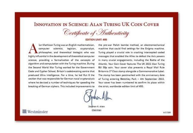 Alan Turing BU 50P Certificate Of Authenticity