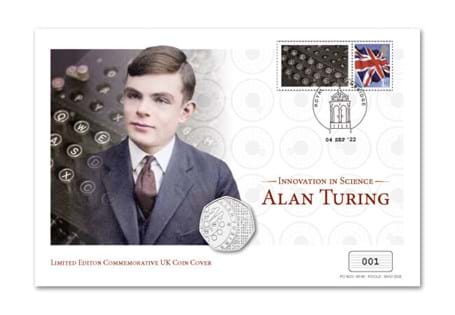 UK 2022 Alan Turing Brilliant Uncirculated 50p. The cover includes the new UK 50p coin in BU Quality, which features three code breaking elements.