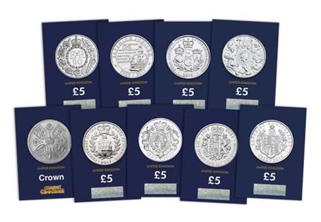 The UK Queen Elizabeth II Crown Collection includes a selection of 9 Crown coins issued throughout Queen Elizabeth II's reign. They come protectively encapsulated in a display page, with an album.