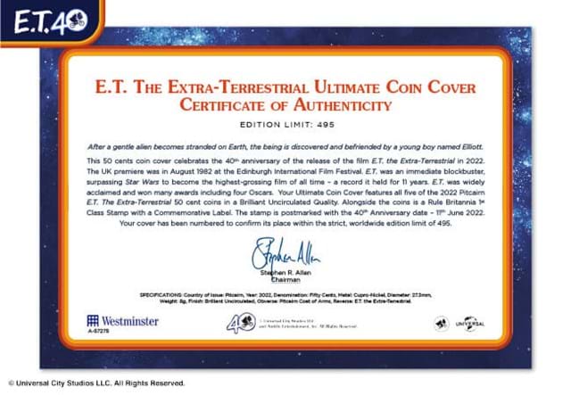 E.T. BU 50 Cent Coin Cover Certificate