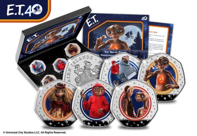 E.T. Silver 50 Cent Colour Set Reverses And Obverse With Display Box In Background