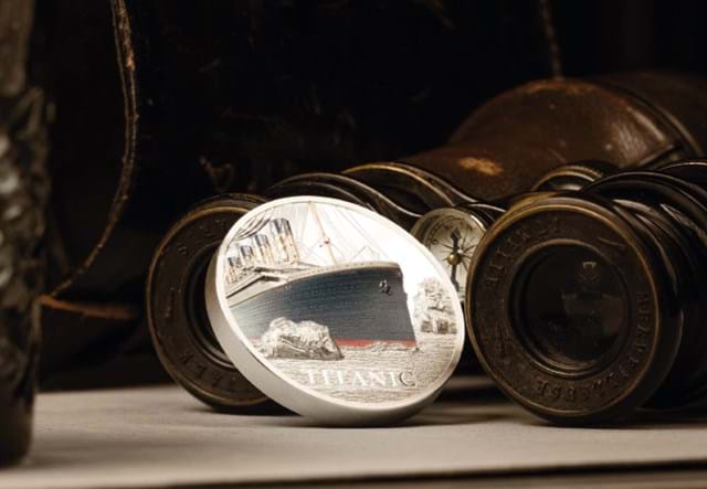 Titanic Coin Reverse Against Binoculars