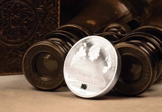 Titanic Coin Obverse Against Binoculars