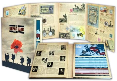 This World War I Book contains 20 original Historical Commemoratives from the countries at war: 6 base metal coins, 1 silver coin, 2 banknotes, and 11 stamps.