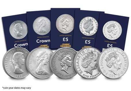 The Change Checker QE II Crown Coin Portraits Pack includes five UK coins depicting the different portraits of Her Majesty Queen Elizabeth II to feature on UK coinage.