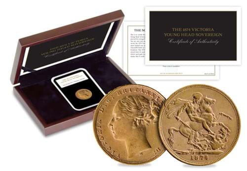 1874 Victoria Young Head Sovereign Obverse Reverse With Packaging