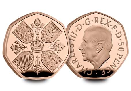 The brand-new Gold Proof 50p to honour the remarkable reign of our late Queen Elizabeth II. This coin also features the brand-new official coinage portrait of his Majesty King Charles III