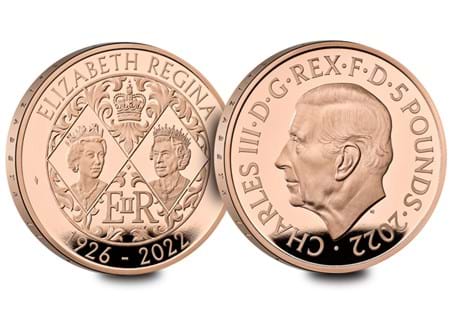 The UK 2022 Her Majesty Queen Elizbeth II Gold Proof £5 is struck with 916.7 Gold to an immaculate Proof finish. The first UK coin to feature the new King Charles III effigy.