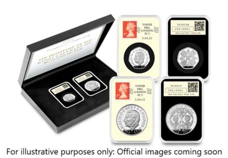The pair of Brilliant Uncirculated DateStamps including the new £5 and 50p 2022 coins to feature the official portrait for coinage of King Charles III. LEP: 2,022