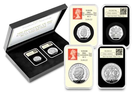 The DateStamp Pair for both the 50p and £5 Silver Proof coin that pays tribute to the incredible reign of Her Majesty QEII and the accession of his Majesty the King Charles III