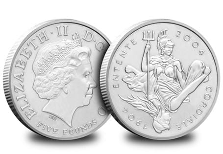 This coin was issued in 2004 to celebrate the centenary of the E ntente Cordiale between Britain and France. Reverse design features the combined figures of Britannia and Marianne.
