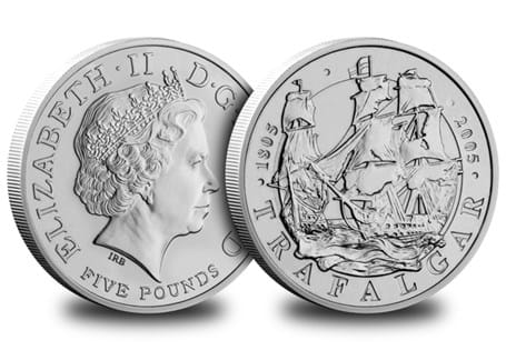 This coin was issued in 2005 to mark the 200th anniversary of the Battle of Trafalgar in 1805. Reverse design features HMS Victory.