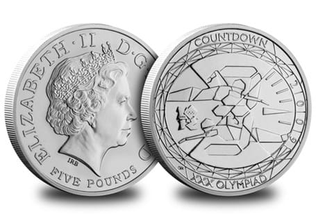 This is the first of four coins issued for the 2012 Olympic Games. The reverse design features two swimmers racing towards the finish line, set against the number 3 of the 3,2,1 countdown.
