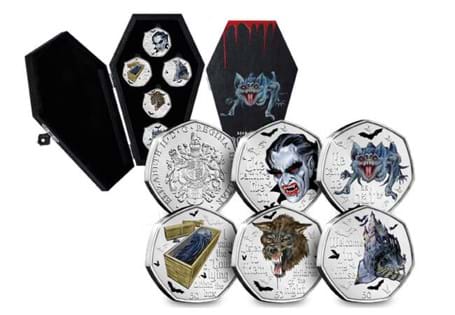 To mark the 125th Anniversary since the publication of Bram Stoker’s iconic novel Dracula, 5 Brand New 50ps have been issued by the Government of Gibraltar.