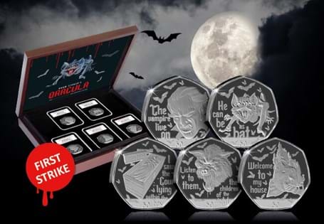 To mark the 125th Anniversary of Bram Stoker’s Dracula, a special set of ‘Dark Proof’ 50p coins have been released. This Limited Edition Presentation features the VERY FIRST sets to be struck.