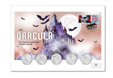 Your cover features all five Gibraltar Dracula Brilliant Uncirculated 50p coins, alongside postmarked stamps. Limited to just 495 worldwide.
