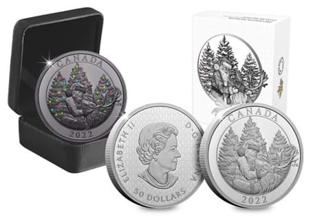 The Royal Canadian Mint's brand-new 2022 Magic of the Season $50 Fine Silver Coin. Struck from 99.99% Silver with colour reveal technology to celebrate Santa Claus and his reindeer.