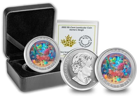 The Royal Canadian Mint have released a brand-new 2022 50-cent lenticular coin featuring Santa and his sleigh. This coin includes lenticular technology to bring movement to this colourful design.
