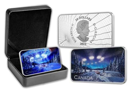 2022 Canada $20 Fine Silver coin depicting the Yukon Encounter: the story of finding a UFO. This coin celebrates this event with 99.99% pure silver with selective colour and black light technology.