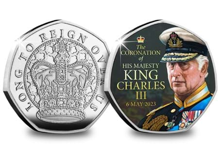 Issued to celebrate King Charles III accession to the throne, it features St. Edward's Crown with the text 'Long To Reign Over Us'. The reverse features a full colour image of King Charles III.