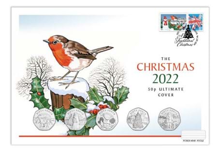 Your A Traditional Christmas Ultimate 50p Cover features all FIVE Guernsey 50p coins, alongside Royal Mail Stamp and Philatelic Label. Limited to just 495 worldwide and presented in white card folder.