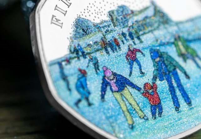 Christmas Silver Glitter Proof 50P Ice Skating Close Up