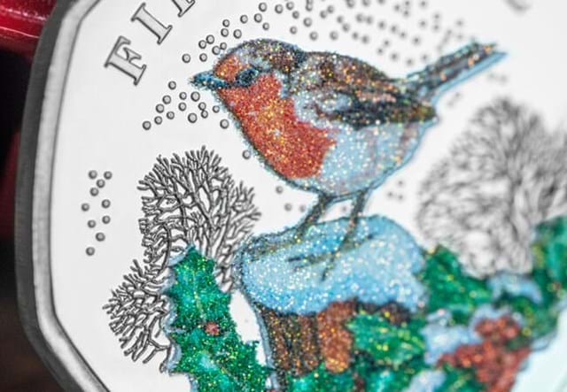 Christmas Silver Glitter Proof 50P Robin Close Up