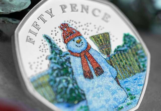 Christmas Silver Glitter Proof 50P Snowman Close Up