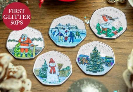 A special set of 50p coins have been released depicting a traditional Christmas. Limited to 500 sets worldwide, each 50p has been struck to a Silver Proof finish with the addition of glitter.