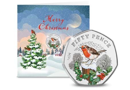 This new 'Traditional Christmas' Card features the 2022 Robin 50p which has been struck to a superior Brilliant Uncirculated quality and finished with the addition of colour application. 