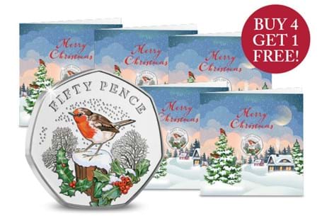 These new 'Traditional Christmas' 2022 Robin Colour 50p coins are struck in superior Brilliant Uncirculated quality. The inside is left blank for your personal message. BUY 4 GET 1 FREE!