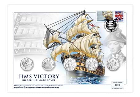 This cover features all 5 of the HMS Victory BU 50ps. The stamp has been postmarked with the anniversary of the Battle of Trafalgar 21.10.22.