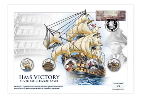 This cover features all 5 HMS Victory Silver Proof 50ps alongside a GB 2005 1st Class HMS Victory/Trafalgar stamp, postmarked with the anniversary of the Battle of Trafalgar 21.10.22.
