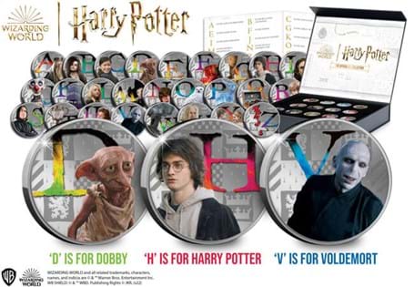 The Official Harry Potter A-Z Commemoratives feature iconic Harry Potter characters, with the obverse featuring the Official Harry Potter Logo. Comes displayed in the Official Collecting Case.