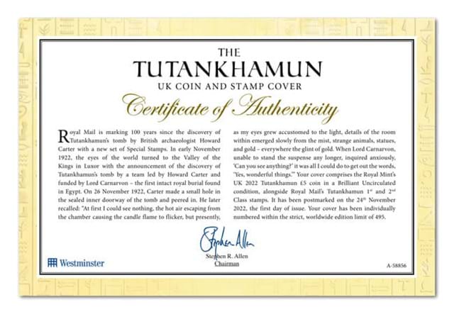 Tutankhamun Coin Cover Certificate Of Authenticity