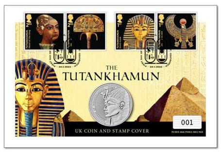 The UK 2022 Tutankhamun £5 coin in a Brilliant Uncirculated condition, alongside Royal Mail's Tutankhamun 1st and 2nd Class stamps. It has been postmarked on the 24th November 2022.