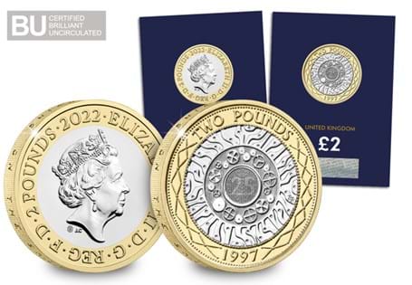 This £2 coin has been issued to celebrate 25 years of the £2. It has been stuck to a Brilliant Uncirculated quality and protectively encapsulated in Official Change Checker packaging.