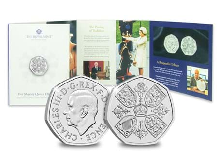 The brand-new 2022 BU 50p coin to honour QEII's remarkable reign whilst also featuring the official coinage portrait of His Majesty the King.