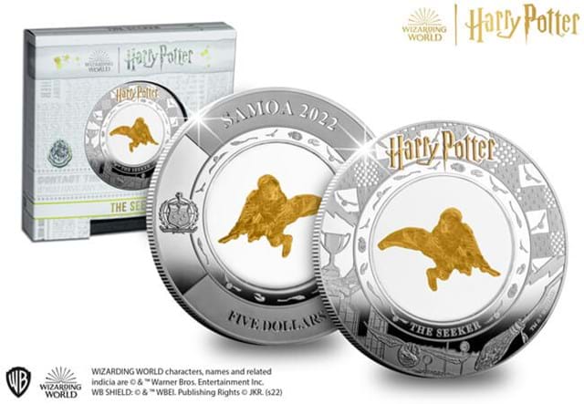 Harry Potter Seeker Five Dollar Coin Obverse Reverse With Packaging