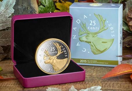 Issued by the Royal Canadian Mint the 2015 silver 5oz coin features the caribou design first used on the Canadian Quarter Dollar in 1937. Both obverse and reverse feature selective gold plating.