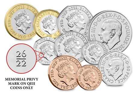 This BU Pack includes the 8 definitive coins issued in 2022, as well as the UK Memorial 50p and £5 coins struck to commemorate Her Majesty's life and reign. 