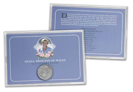 This product includes the UK 1961 Half Crown - the year in which Diana was born - and has been housed in a protective frame. Issued to commemorate what would have been Princess Diana's 60th Birthday.