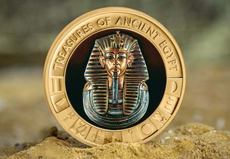 Issued in 2021, this coin has been expertly plated in 24ct gold and features a full-colour image of ancient Egyptian pharaoh Tutankhamun's famous death mask, surrounded by engraved hieroglyphics.