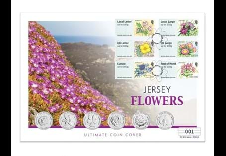 Own six British Isles 10p coins of loved Garden Flowers - the Rose, Sunflower, Gerbera, Jersey Lily, Pansy and Sweetpea. This ultimate coin cover also features six Jersey Coastal Flowers Stamps.