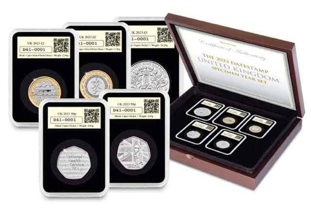 Datestamp™ 2023 UK Commemorative Coin Set Capsules And Display Box