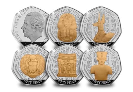 This IOM 50p set has been issued to mark the 100 anniversary of the discovery of the Tomb of Tutankhamun. The 5 coins have been struck from .925 Silver with selective 24ct gold plate to a proof finish