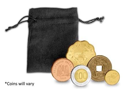 Try your hand at the International Coins Lucky Dip! You'll receive 5 intriguing coins from across the world, housed in a protective pouch.