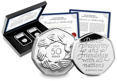 This 50p pair contains the UK 1973 European Economic Community 50p and the UK 2020 Withdrawal from the European Union Silver Proof 50p. Released to mark 50 years since the UK became a member of the EU