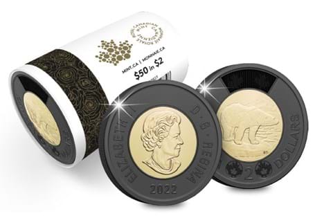 This Canadian $2 coin roll has been issued as a tribute to Queen Elizabeth II, and includes 25 coins. Each coin has been struck with a black outer ring as a symbol of mourning.