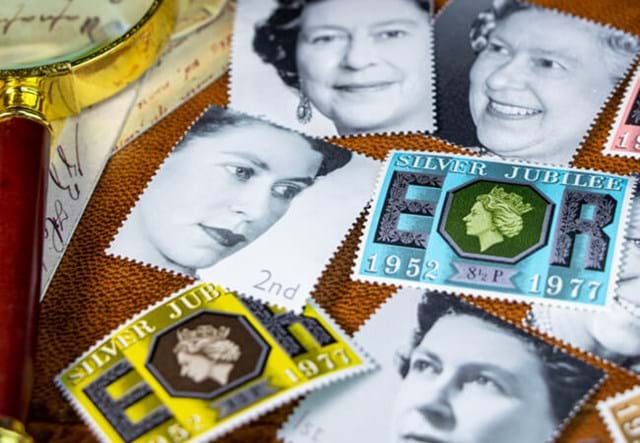 QEII Jubilee Stamp Collection Stamps Close Up